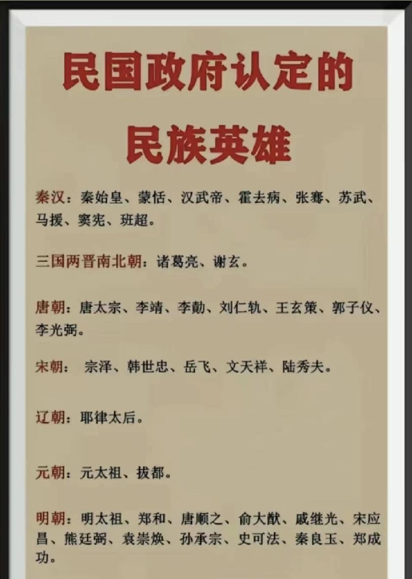 这是民国政府认定的民族英雄，你觉得还有没有他人应上此榜单，此榜单上有没有不适合上