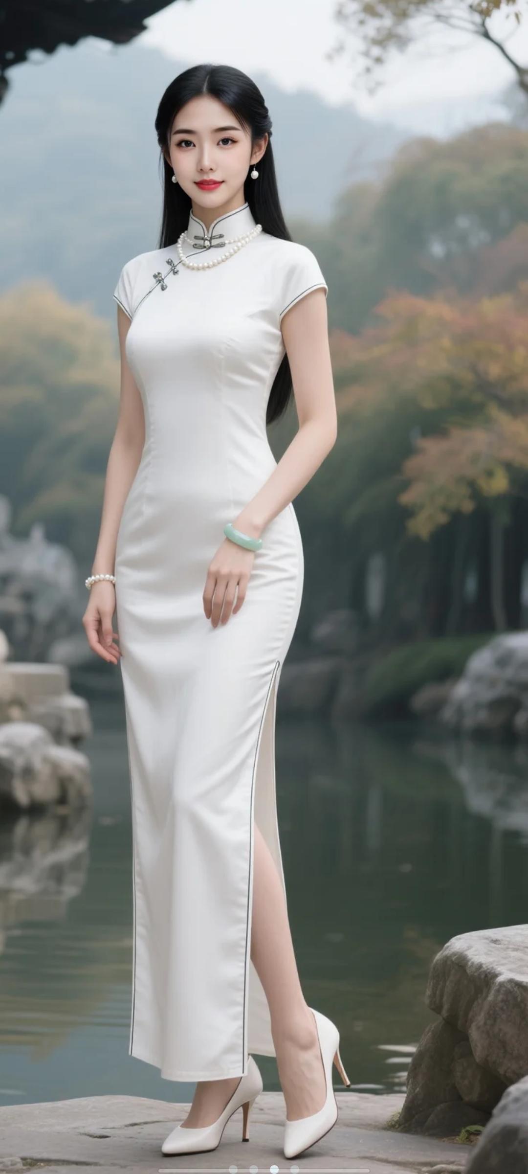 白色长款旗袍，好显气质啊。