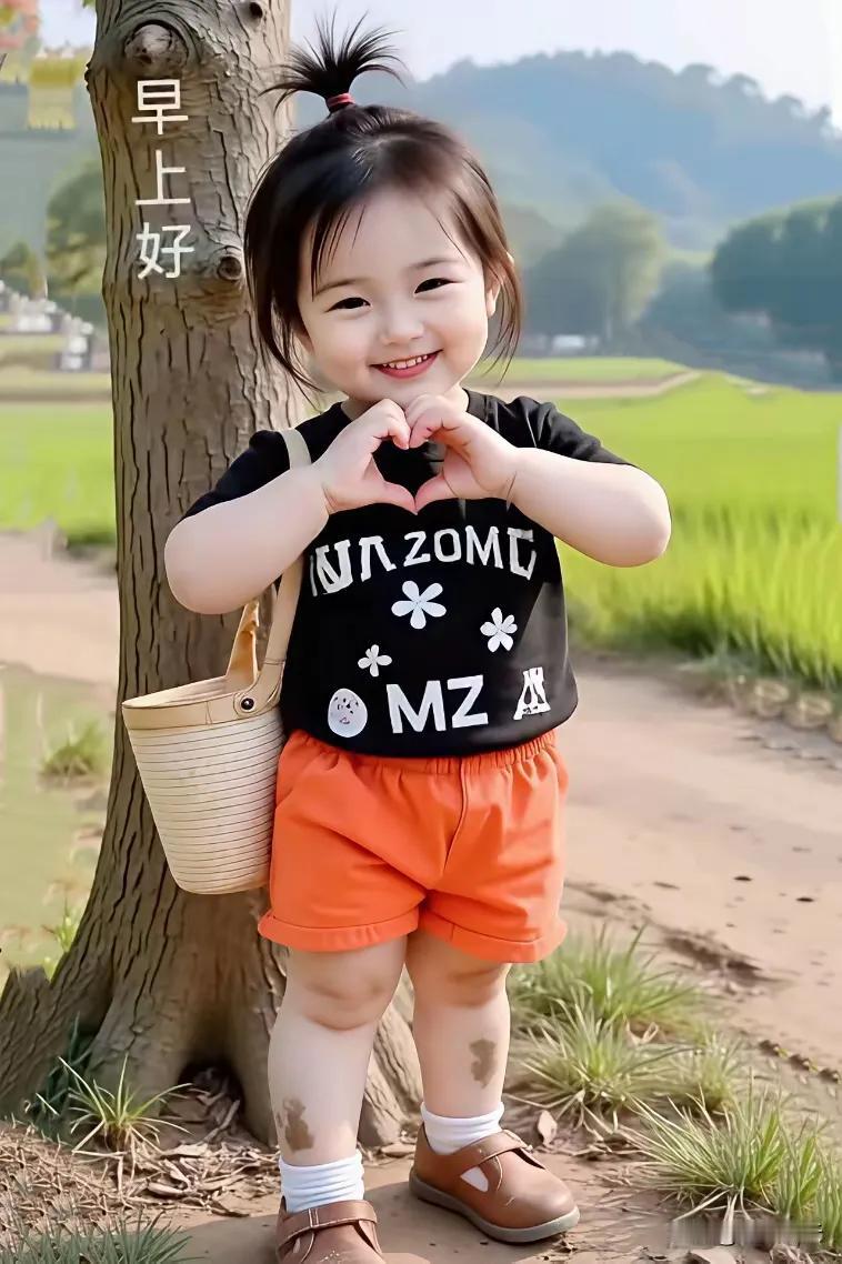 小可爱在田野里比心，早安好！🌿💖