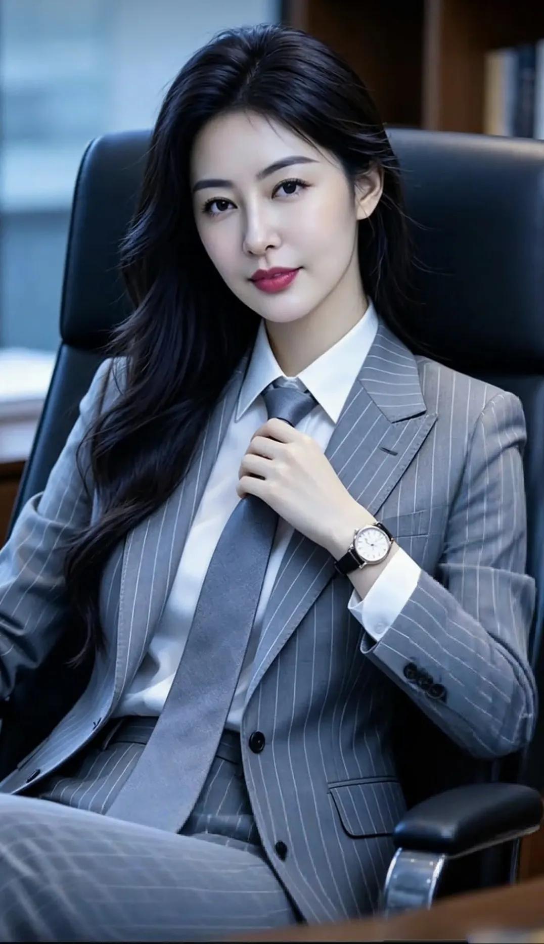 这位美女穿着一身正式的灰色条纹西装，坐在办公室的椅子上，看起来非常专业和自信。