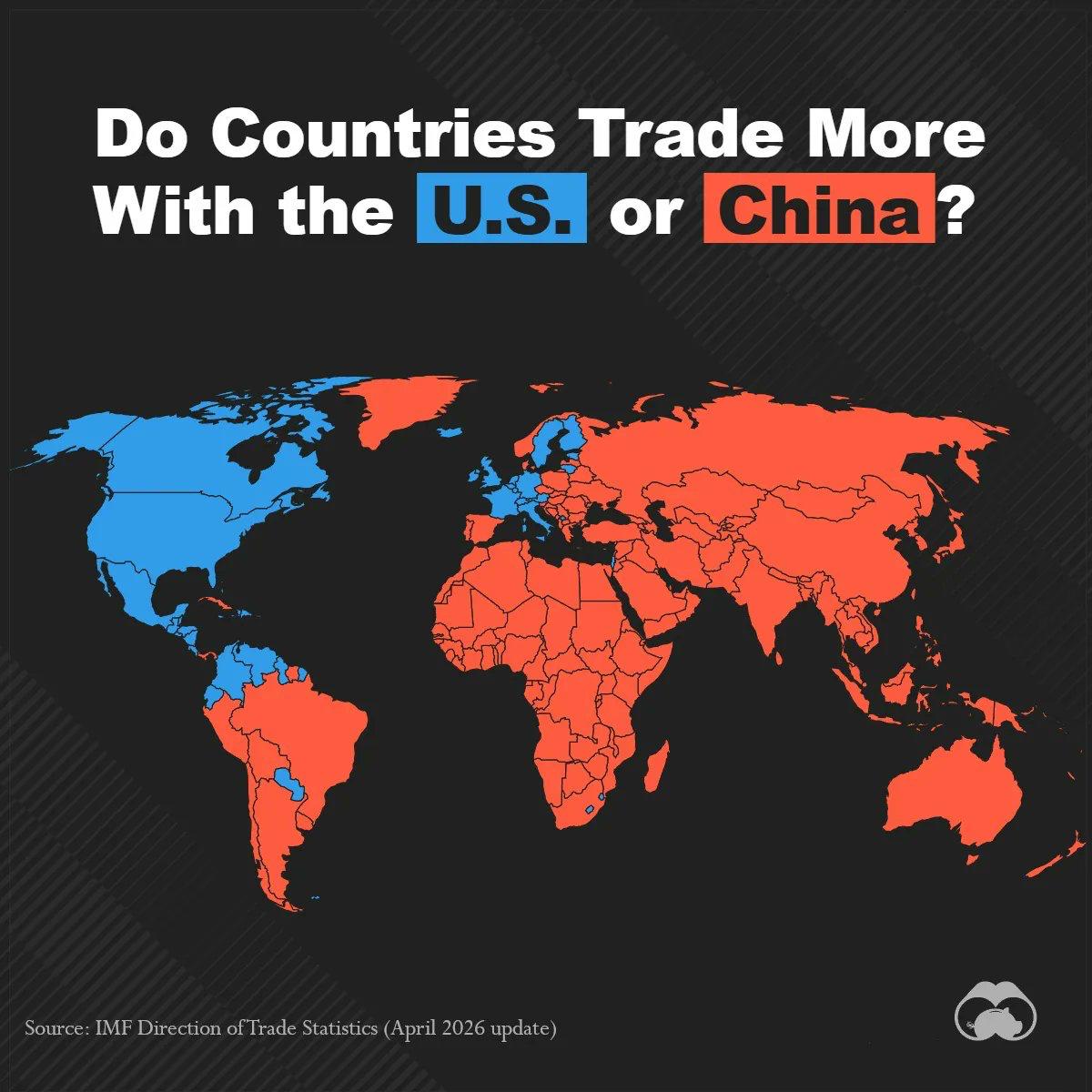 红蓝两色劈开世界地图：谁的第一大贸易伙伴是中国？谁的第一大贸易伙伴是美国？这