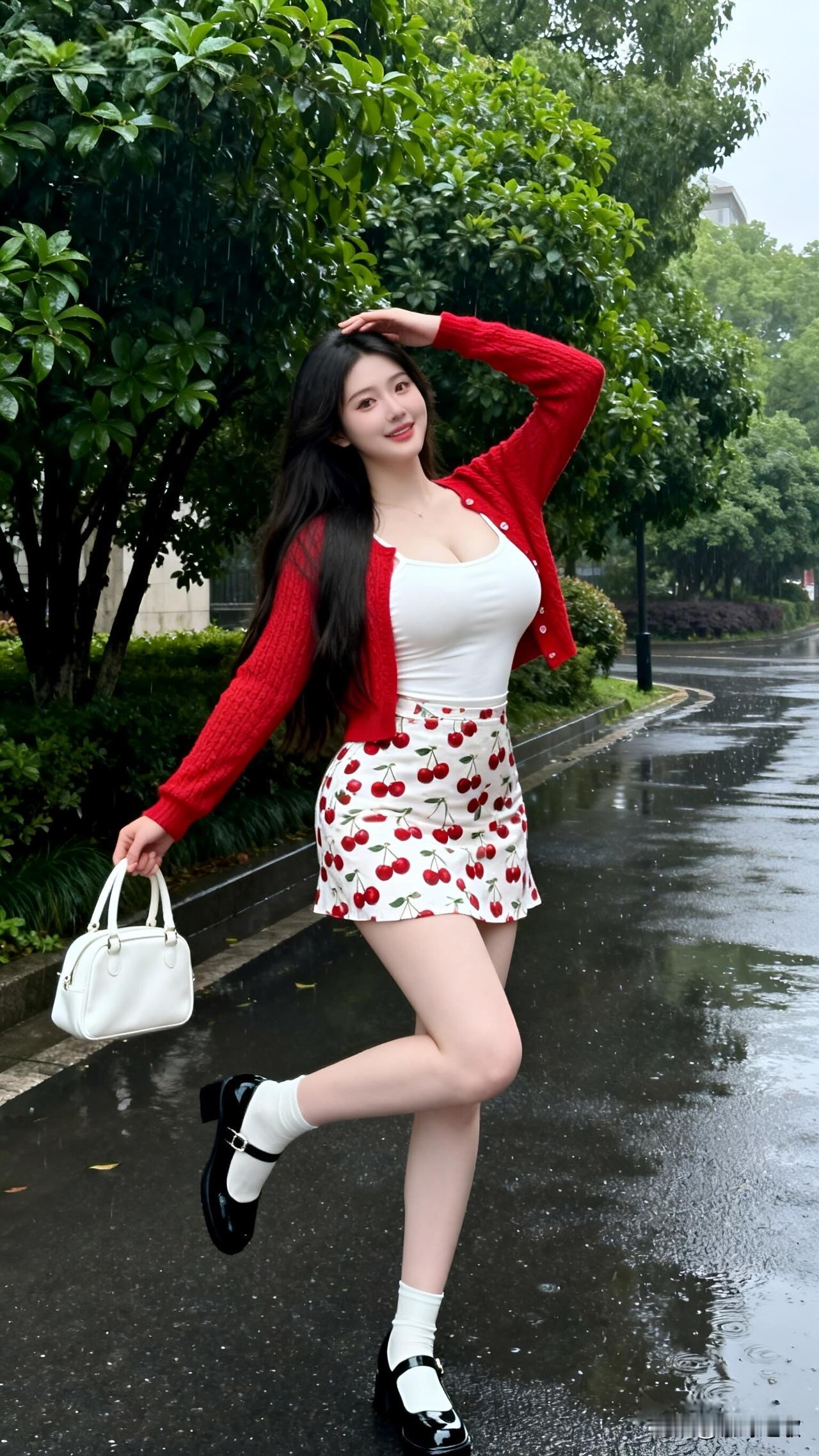 雨后的街道湿漉漉的，空气里都是青草和泥土的味道。红色开衫像一团小火焰，樱桃短裙把