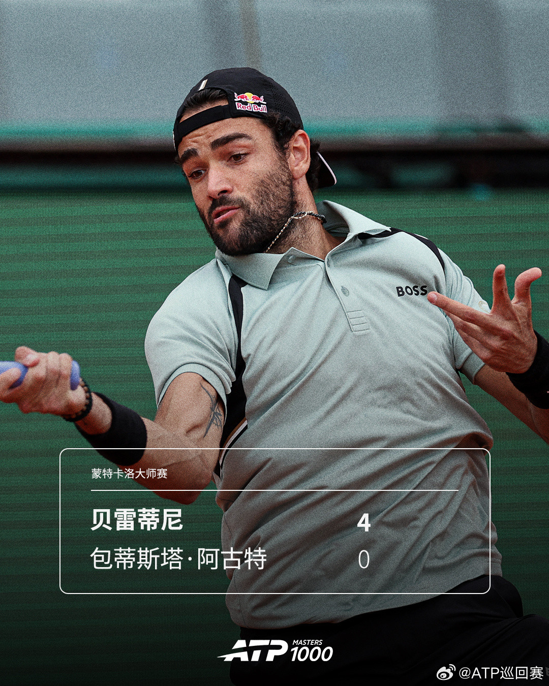 贝雷蒂尼晋级蒙特卡洛次轮ATP1000蒙特卡洛大师赛首轮，贝雷蒂尼在首盘4-0