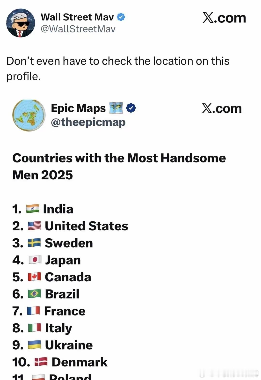 马斯克打开IP后，美国网友乐疯了！这个账号经常排名把印度排第一，尤其这个帖子，全