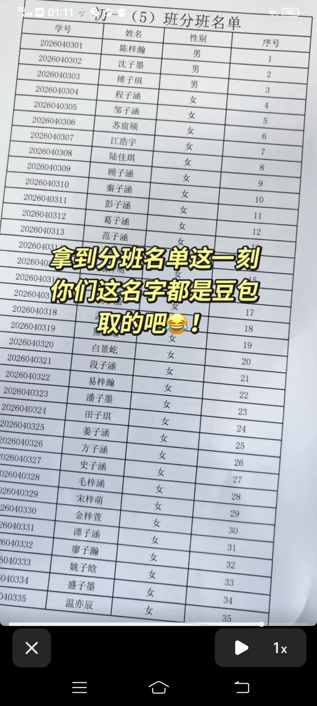 网友看到这个分班名单的时候，都在好奇这个名单里面怎么有这么多子涵、梓涵、子琪、子