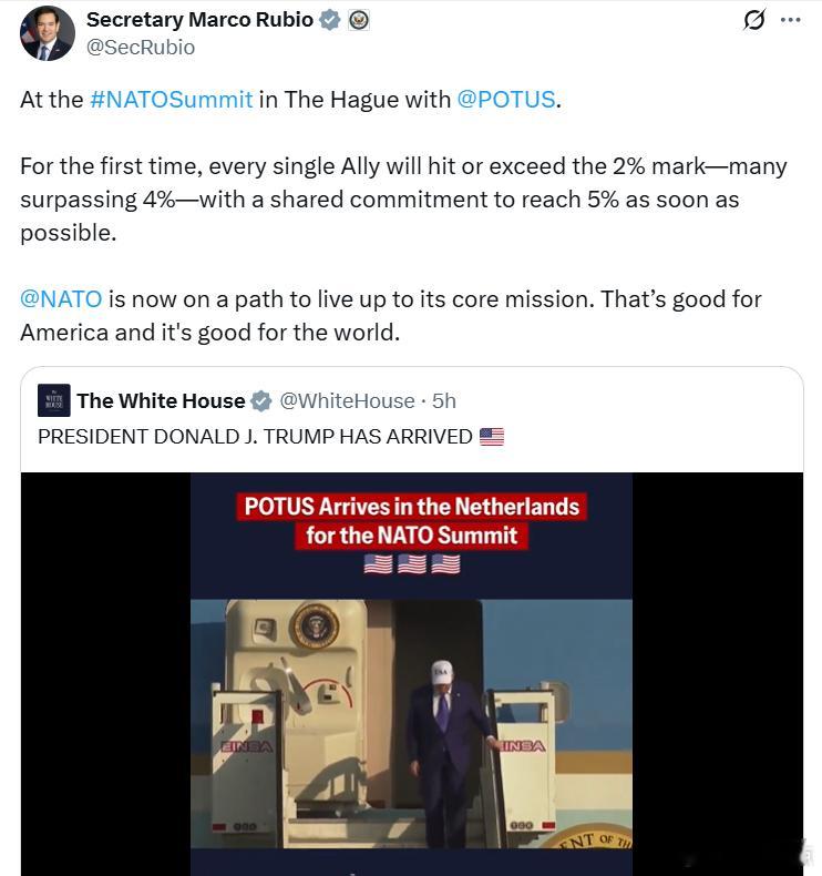 美国务卿马可·鲁比奥：与特良普总统在海牙的北约峰会上。首次，每个盟国都将达到或超