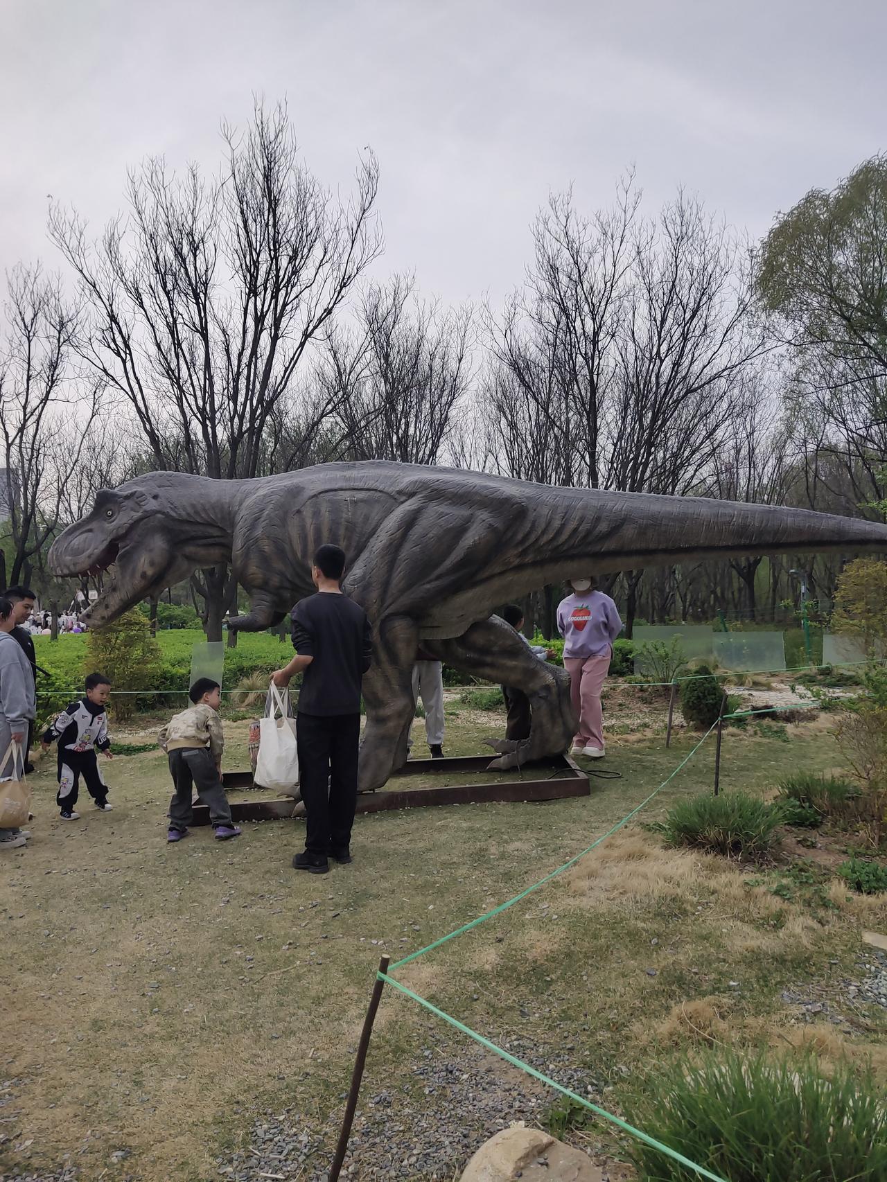 济南森林公园的恐龙展被栏杆围了起来，若想进去观看，需额外付费。今天，一位年