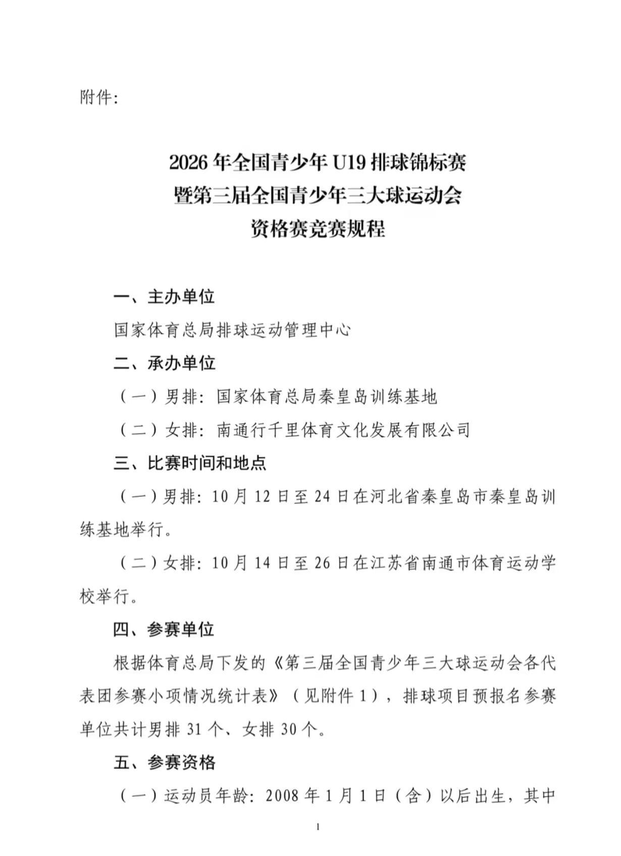 2026年全国青少年U19排球锦标赛，第三届全国青少年三大球运动会，资格赛竞赛规