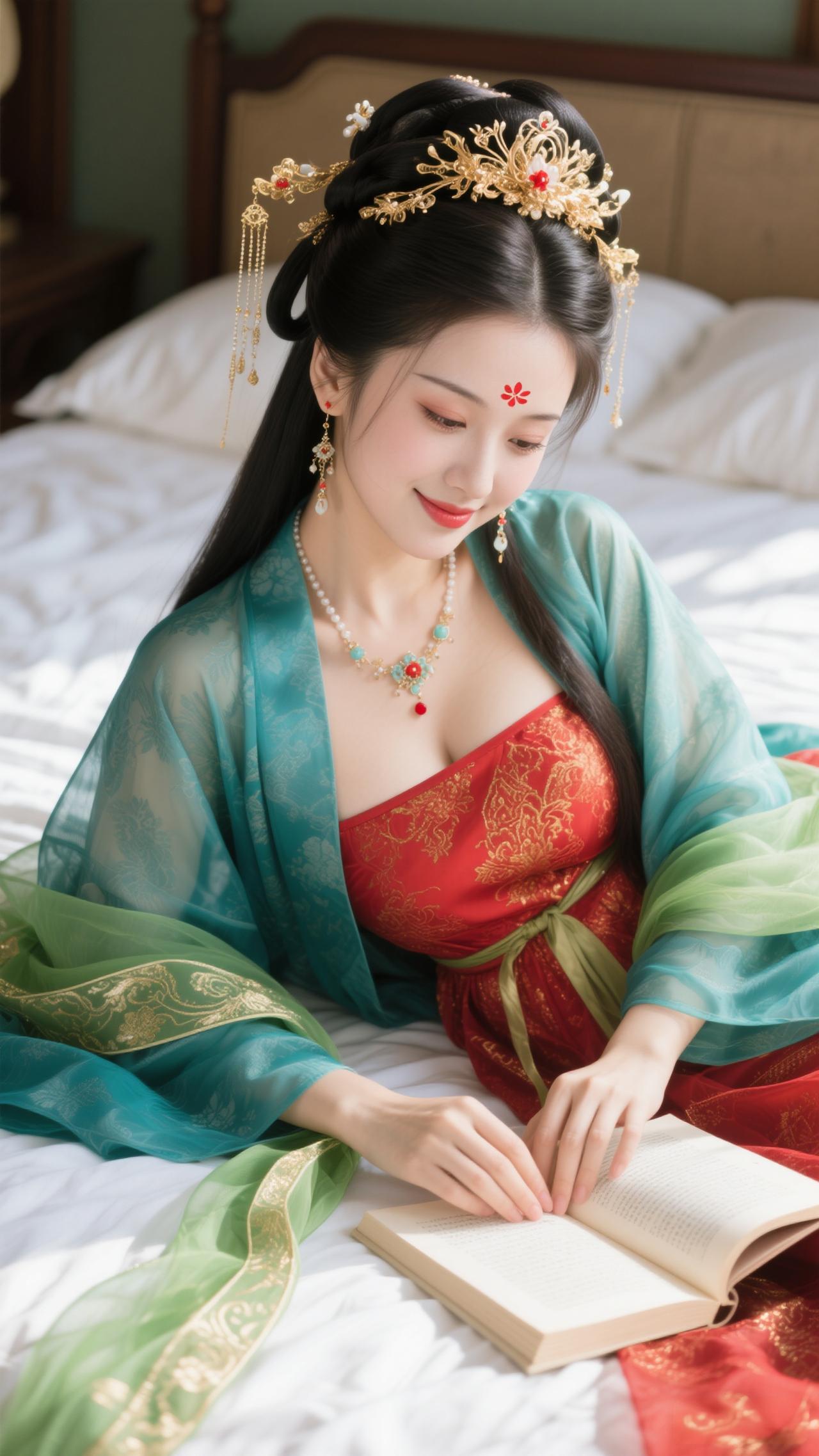 《诉衷情令·红裳展卷》红裳金缕映青绡，金簪垂穗摇。手拈书卷凝眸笑，春阳落