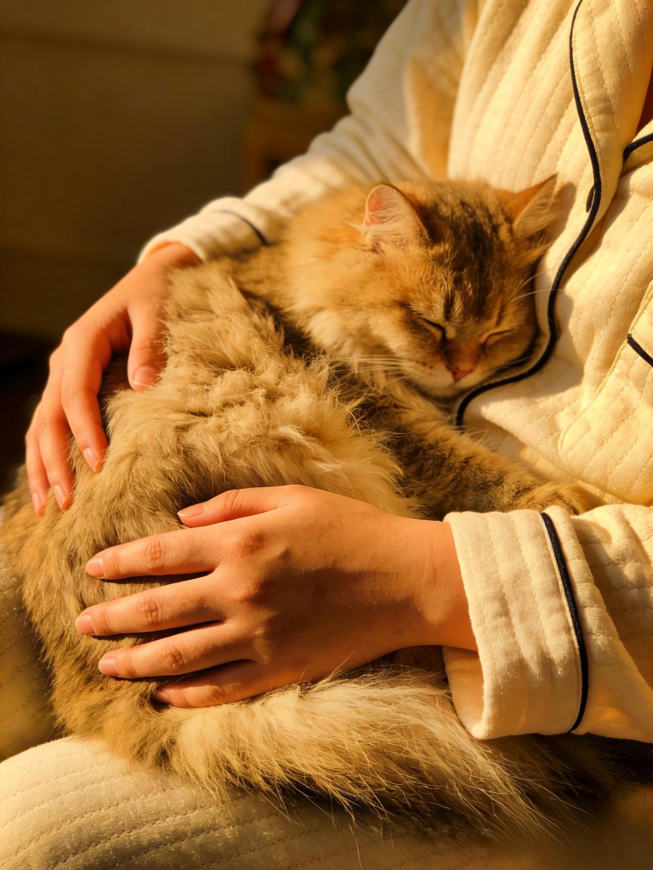 《猫咪的陪伴时光》每当我坐在沙发上刷手机，我家猫咪总会跳上来趴在我的腿上，把