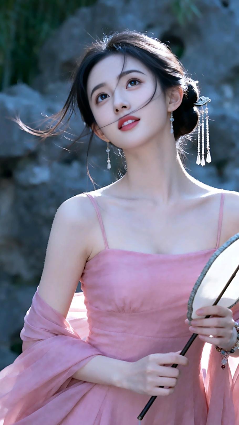 镜中人影动，粉衣映秋风。