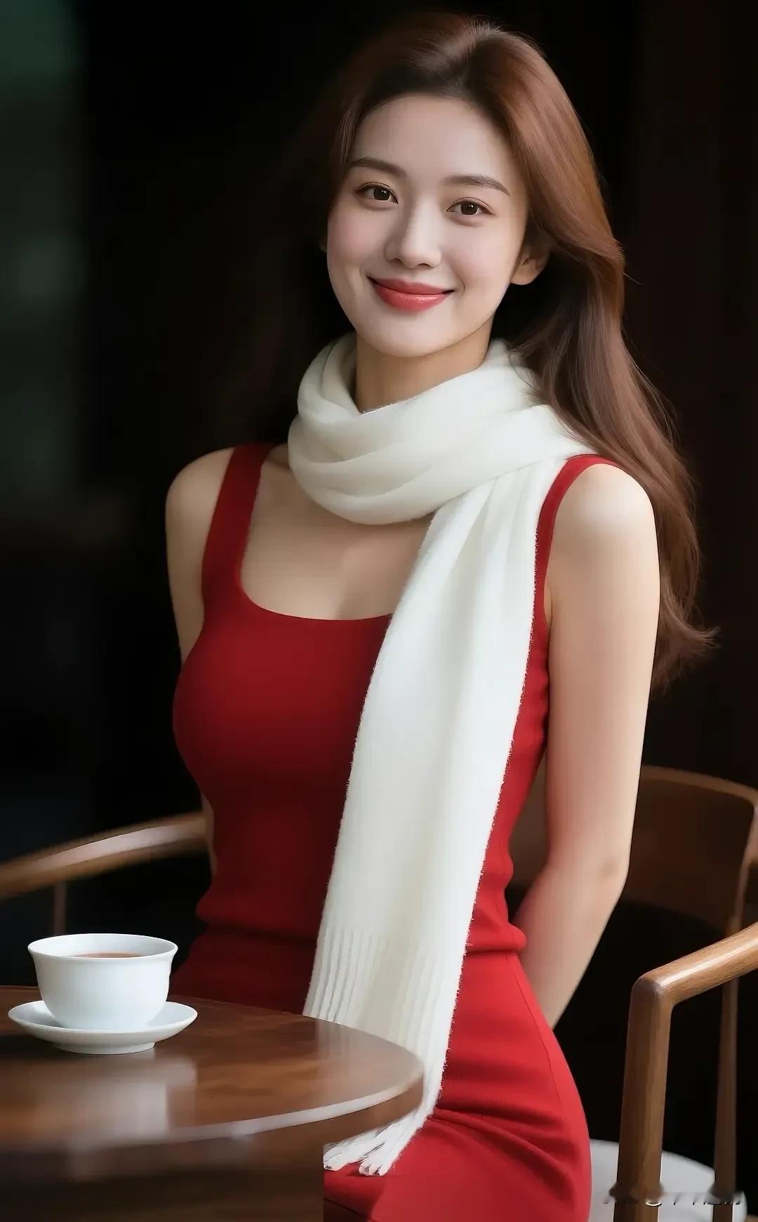 正红裙装裹着明艳，白绒围巾揉进柔暖。茶雾轻绕时，笑意里是刚柔相衬的恰好温柔。温