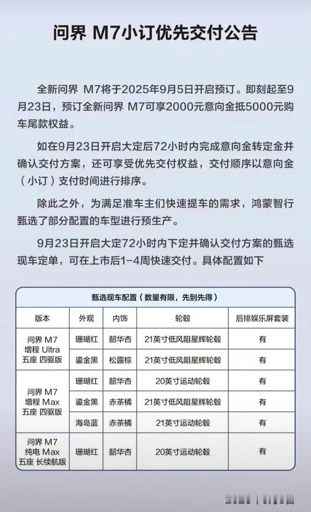 【问界发布M7小订优先交付公告可在上市后1-4周快速交付】9月5日，全新问界M