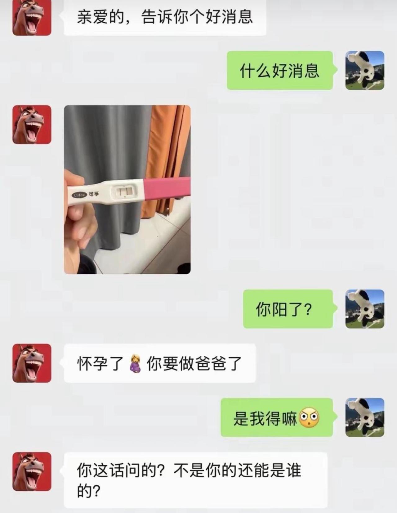对方发来验孕棒两道杠，兴冲冲宣布怀孕，要让我当爸爸。我第一眼盯着验孕棒直接脱口
