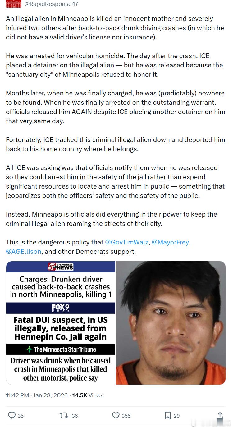 一名非法移民在明尼阿波利斯因连续两起酒后驾车事故，导致一名无辜的母亲死亡，另外两