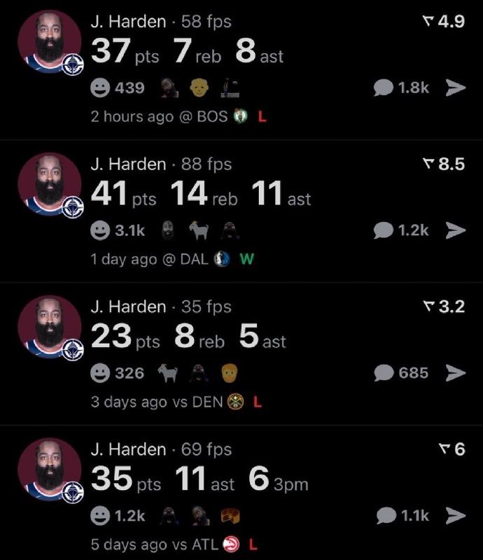 哈登这么打球太累了：对阵老鹰：39分钟，35分10篮板11助攻对阵掘金：30