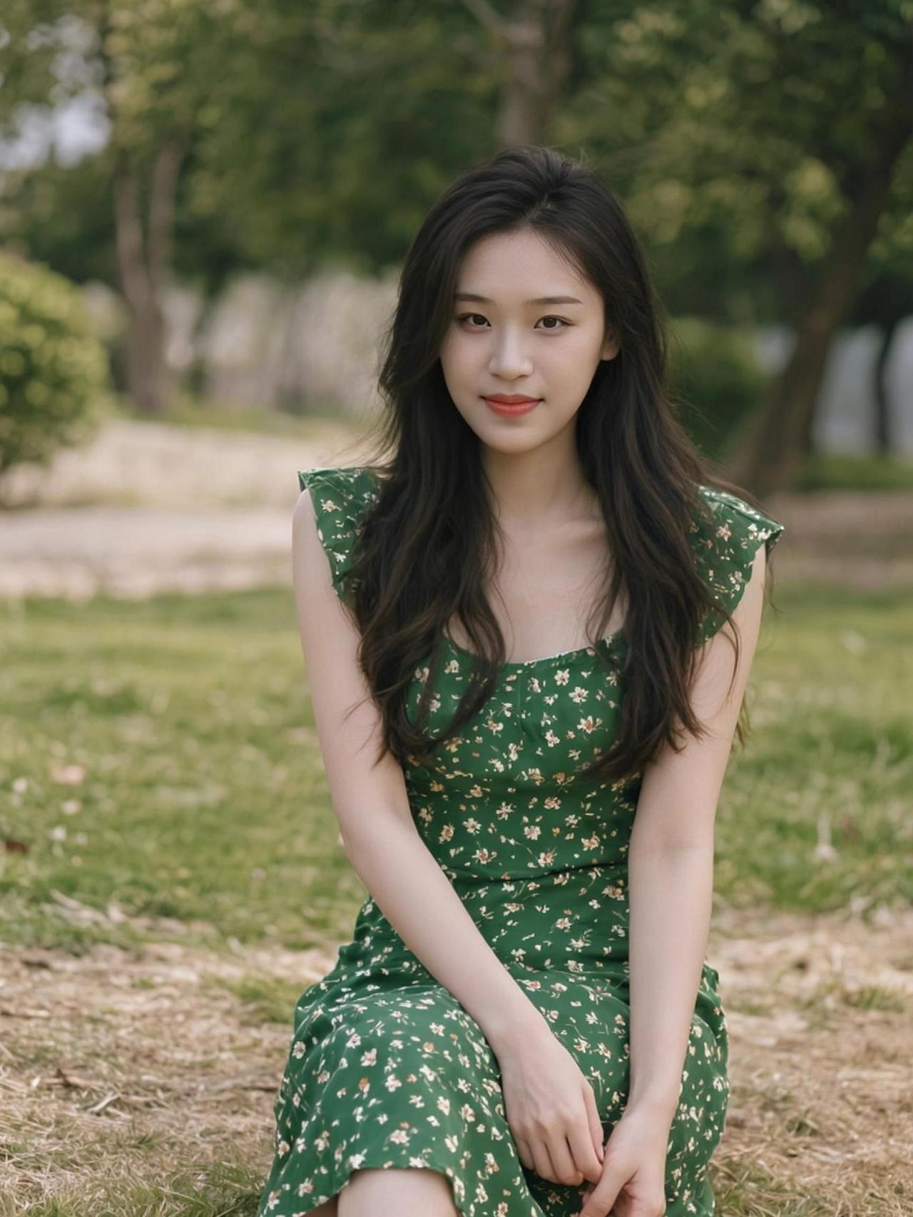 阳光洒在碎花裙上，仿佛为这自然的画卷增添了一抹温柔的色彩。绿意盎然的草地，像是为