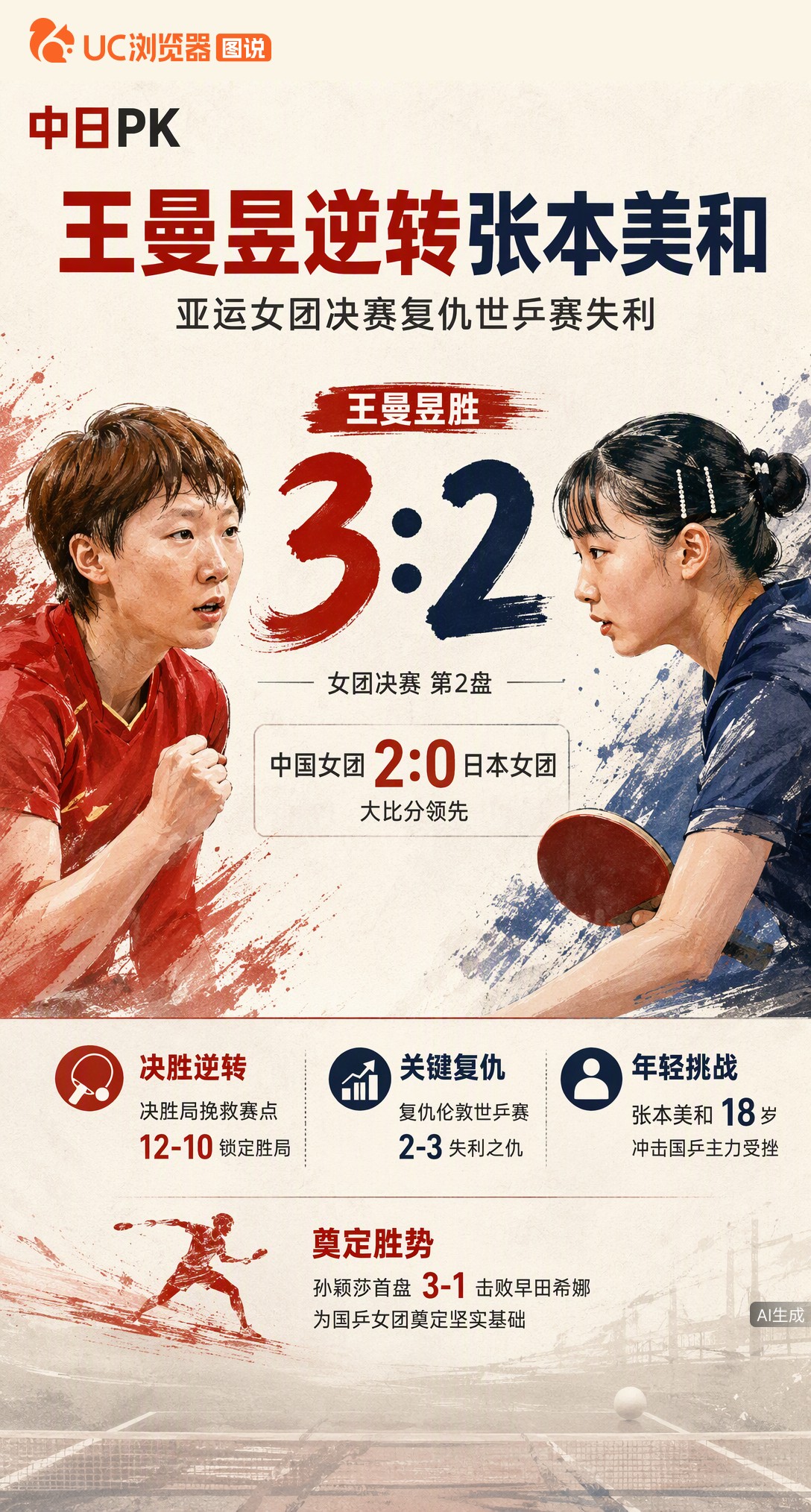 亚运女团决赛，王曼昱3-2逆转张本美和！决胜局挽救赛点12-10险胜，复仇世乒赛失利。国乒大比分2-