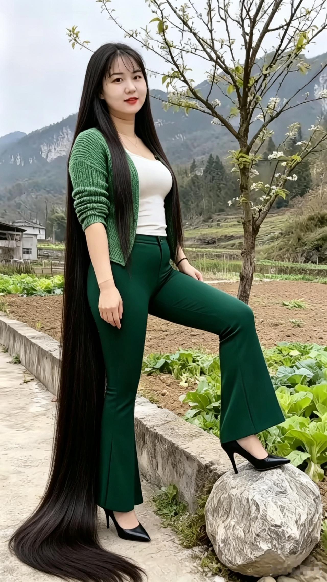 村姑长发吟青山环绕小村旁，自幼青丝岁月长。辫角初垂伴稚语，长丝拖地映韶光