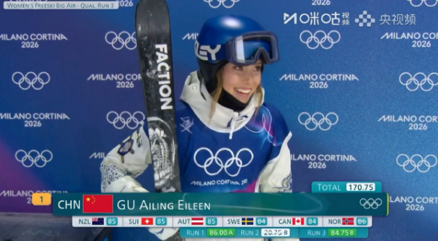 冬奥会自由式滑雪女子大跳台预赛，谷爱凌第一跳86.00分，第二跳失误20.75分