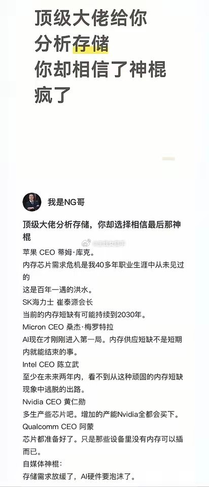 顶级大佬们都在分析存储，认真你就真的输了！存储芯片神话已破！别死守执念。库克喊百
