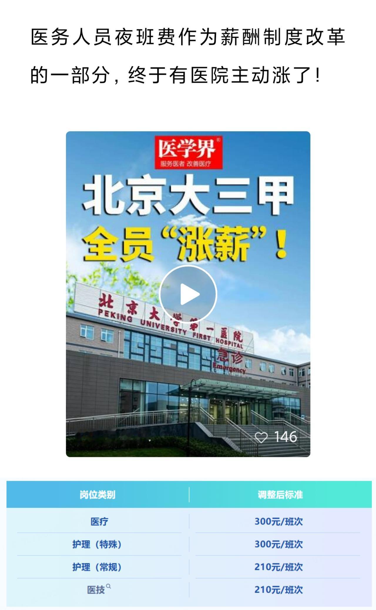 好消息，这家知名三甲医院涨薪了！北京大学第一医院官宣新政，上调夜班及周末节假日值