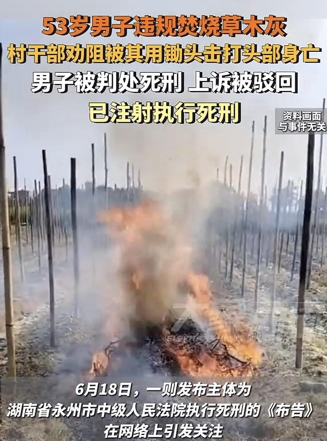 53岁男子违规烧草木灰，村干部上前阻止，被他用锄头砸死，事后，男子被判处死刑，上