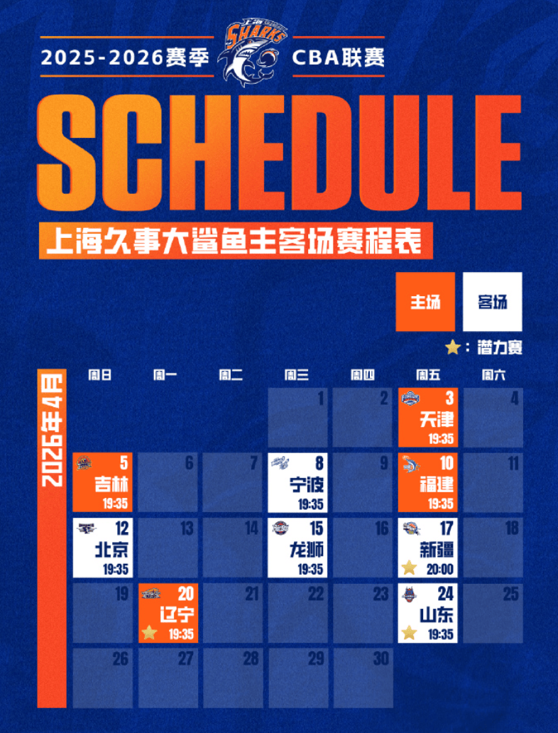 上海男篮分享常规赛赛程表: 今晚将迎潜力赛首战