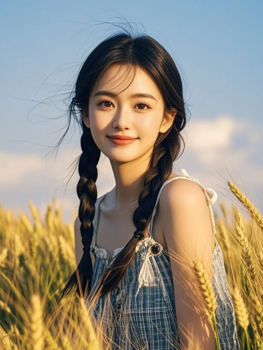 她站在光影里，长发与笑容构成一幅动人的艺术照