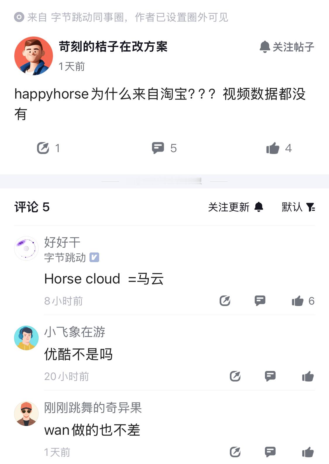 字节员工质疑为什么happyhorse来自淘宝？视频数据都没有