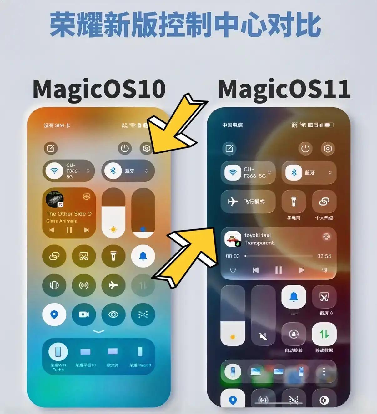 荣耀MagicOS新版本下拉面板对比来啦！左边是大家用习惯的10版本，右边就是