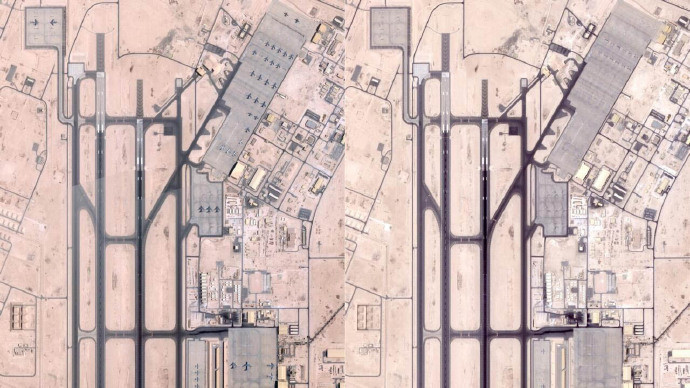 【#美驻中东空军基地军机大量消失#】最新卫星图像显示，数十架美军飞机已经离开美国