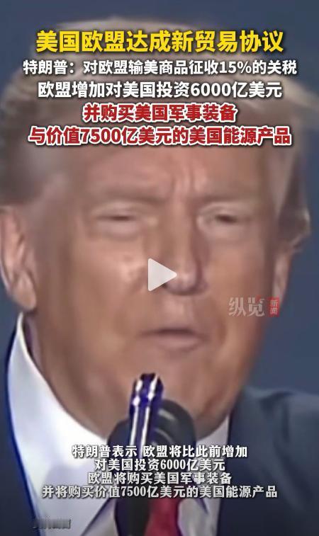 这个贸易协议对欧盟来说算是可以，把关税税率打下来了，增加对美国的投资和物资采购.