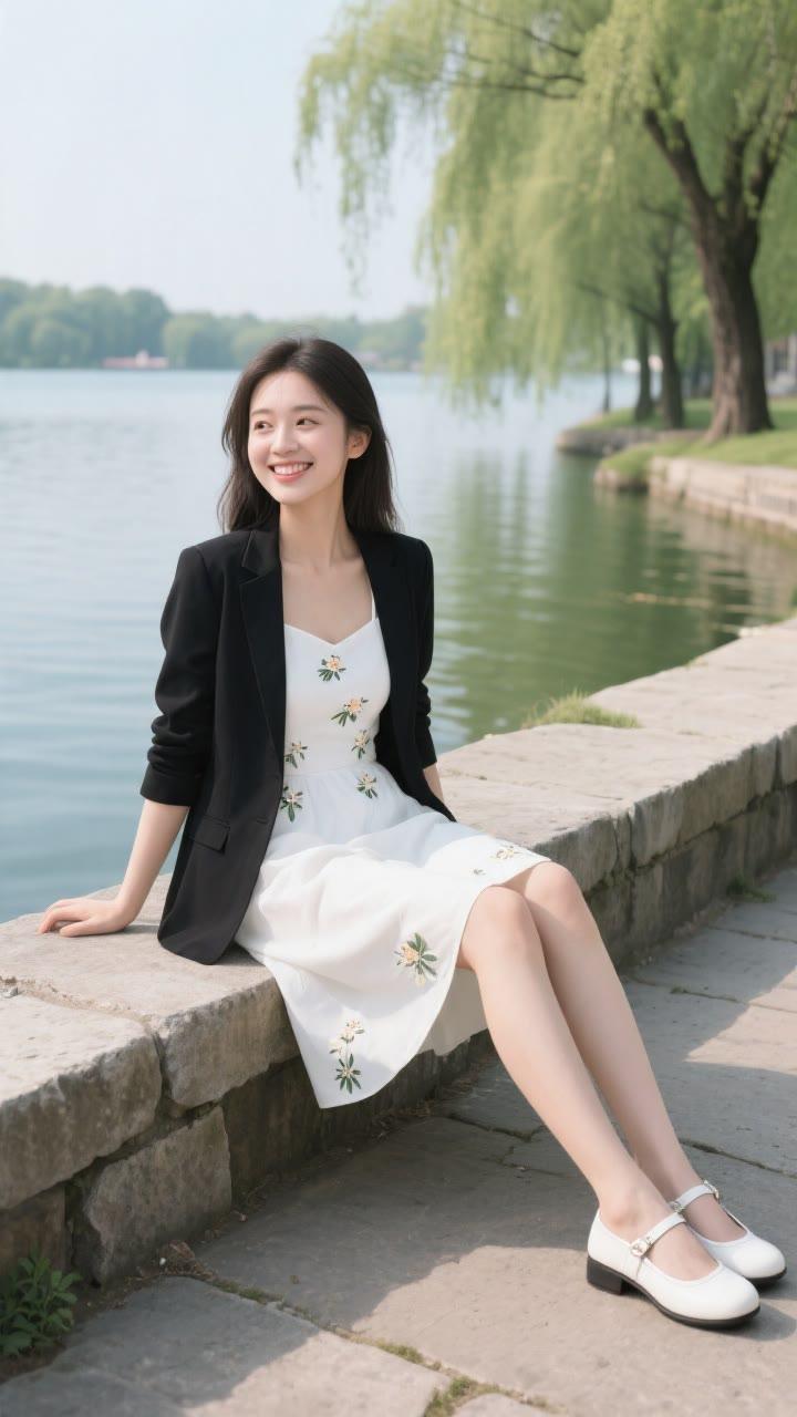 湖畔轻纱拂，笑语入春风。