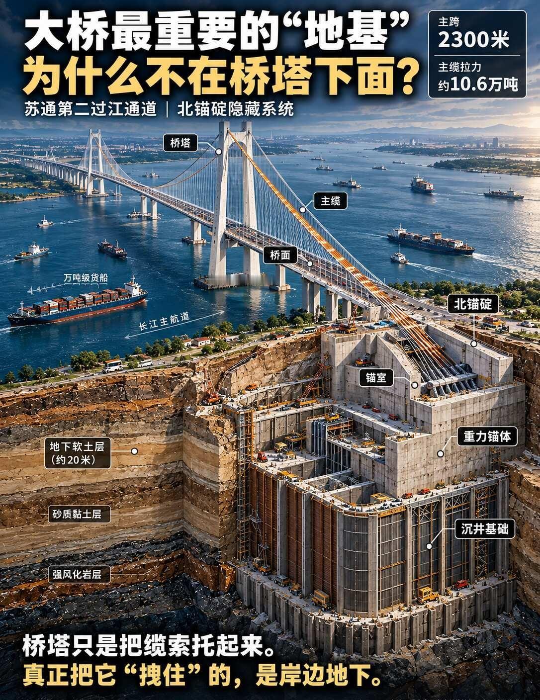 2300米大桥，为何先埋一座地下巨楼？9月30日，苏通第二过江通道东水道航道桥