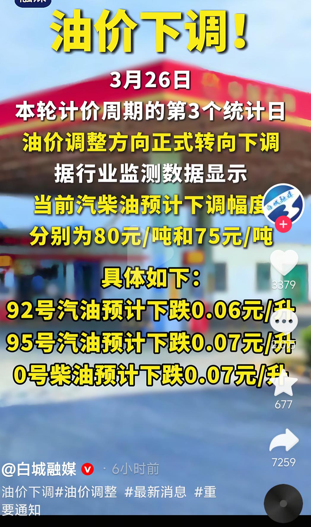 【权威油价】3月27日24时起，国内油价下调，92号汽油每升下调0.12元（按发