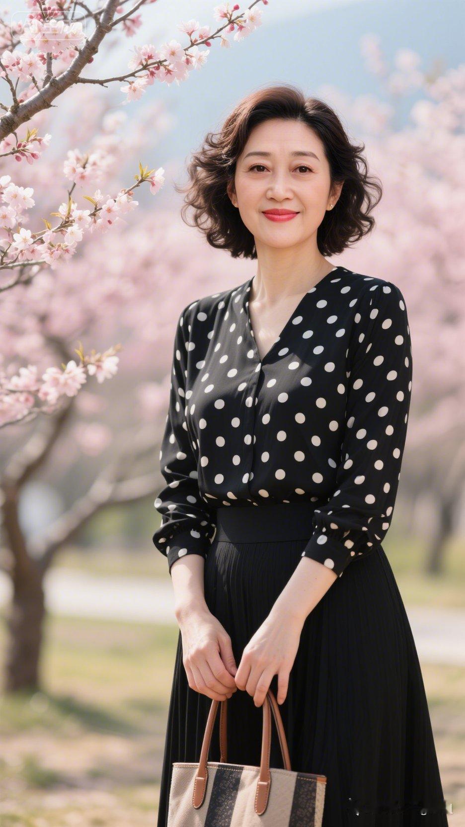 穿着波点裙的女士在赏花。
