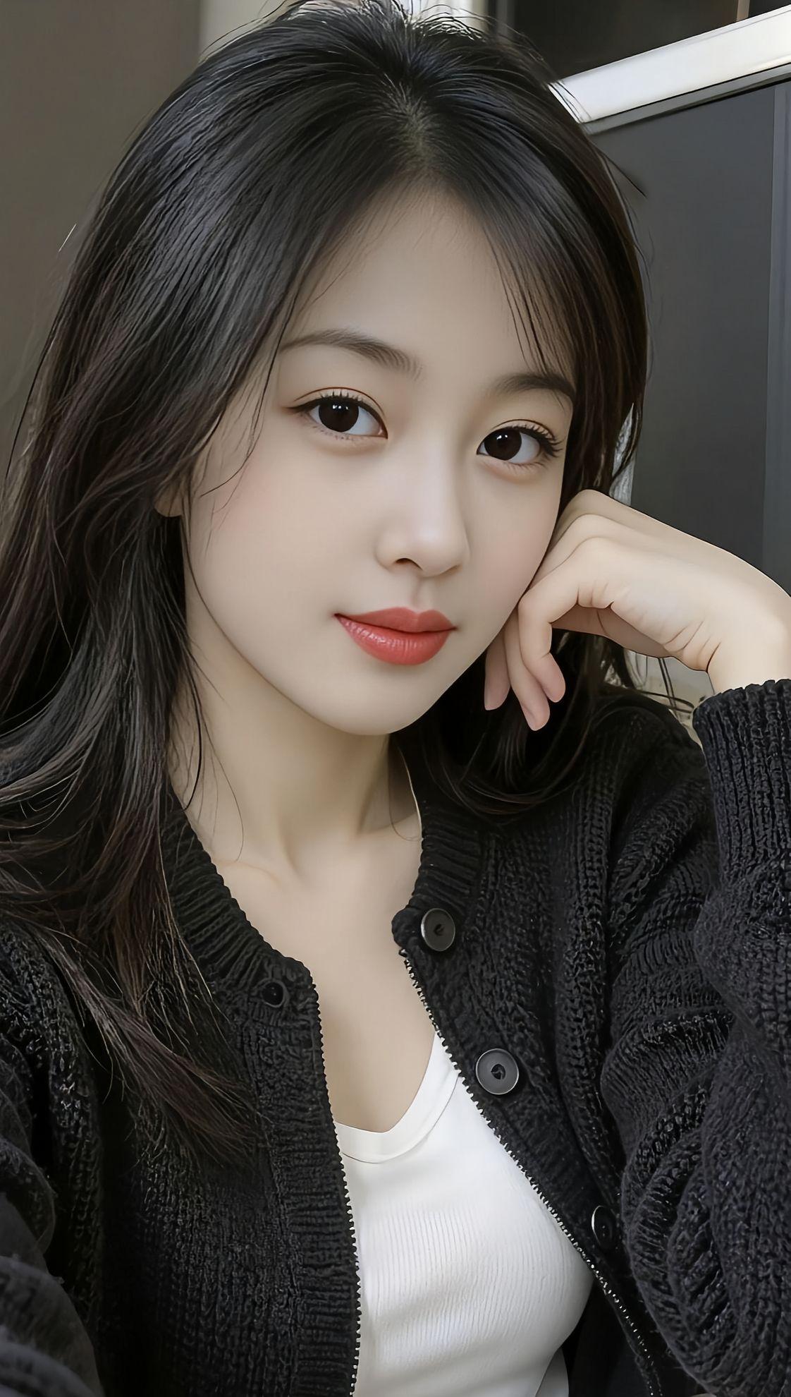 红妆美人倚，黑衫映秋光。