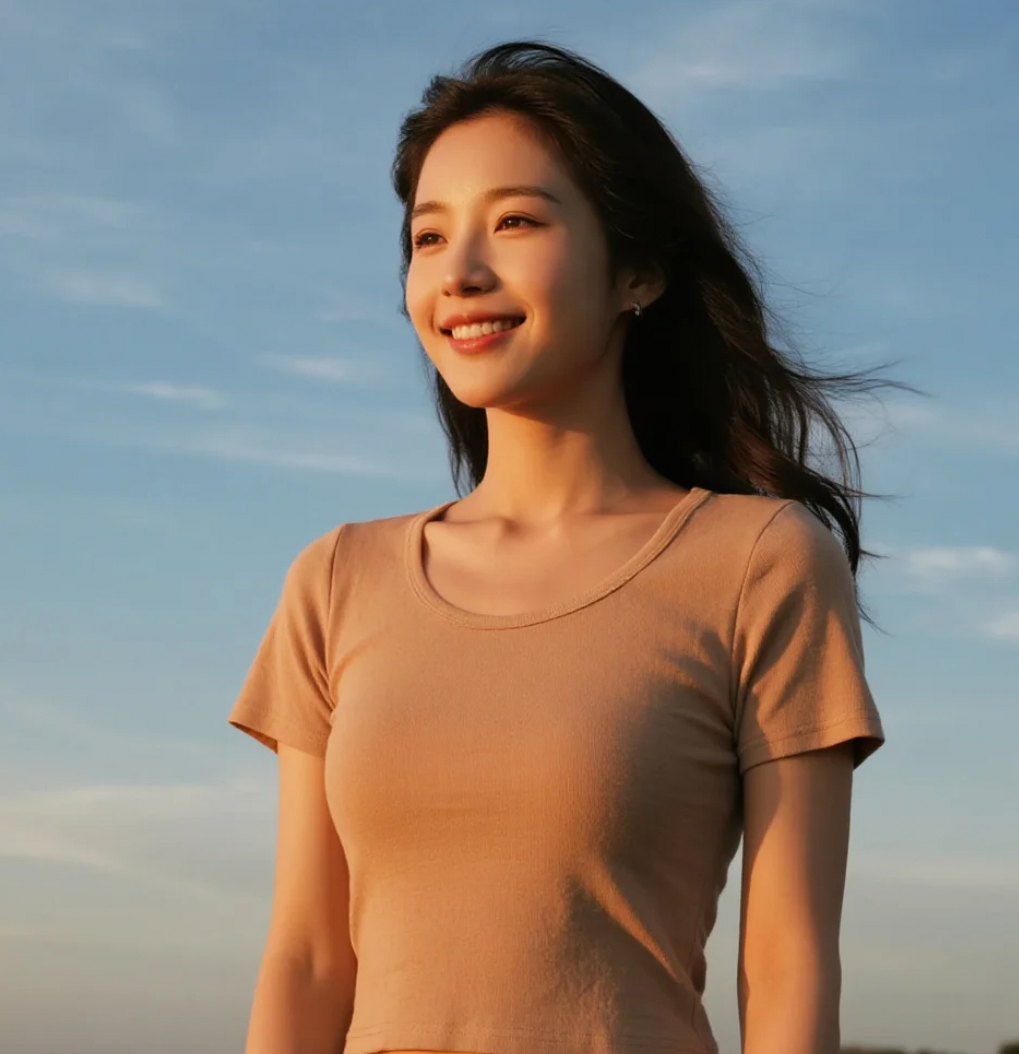 她站在海边，微笑与蓝天相映成趣