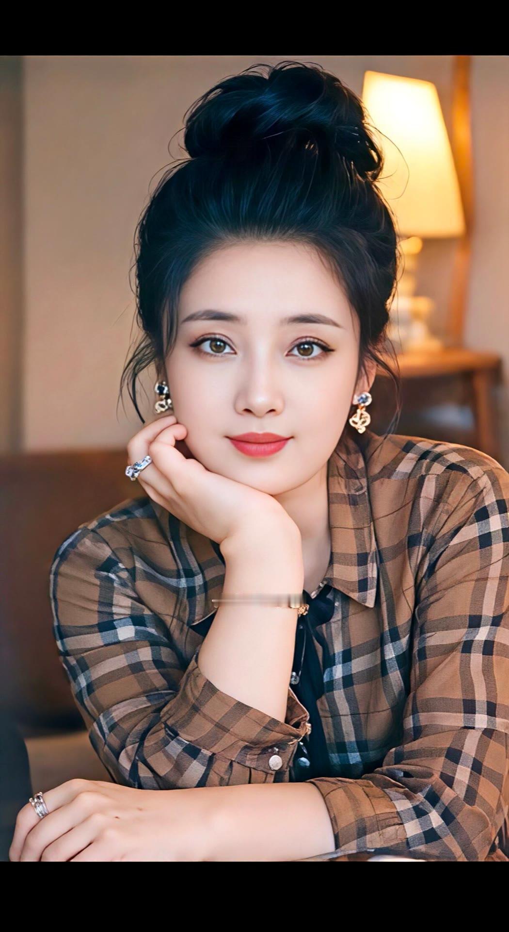 优雅黑发少女，复古格子衬衫，精致耳环，温暖灯光下，散发迷人魅力。