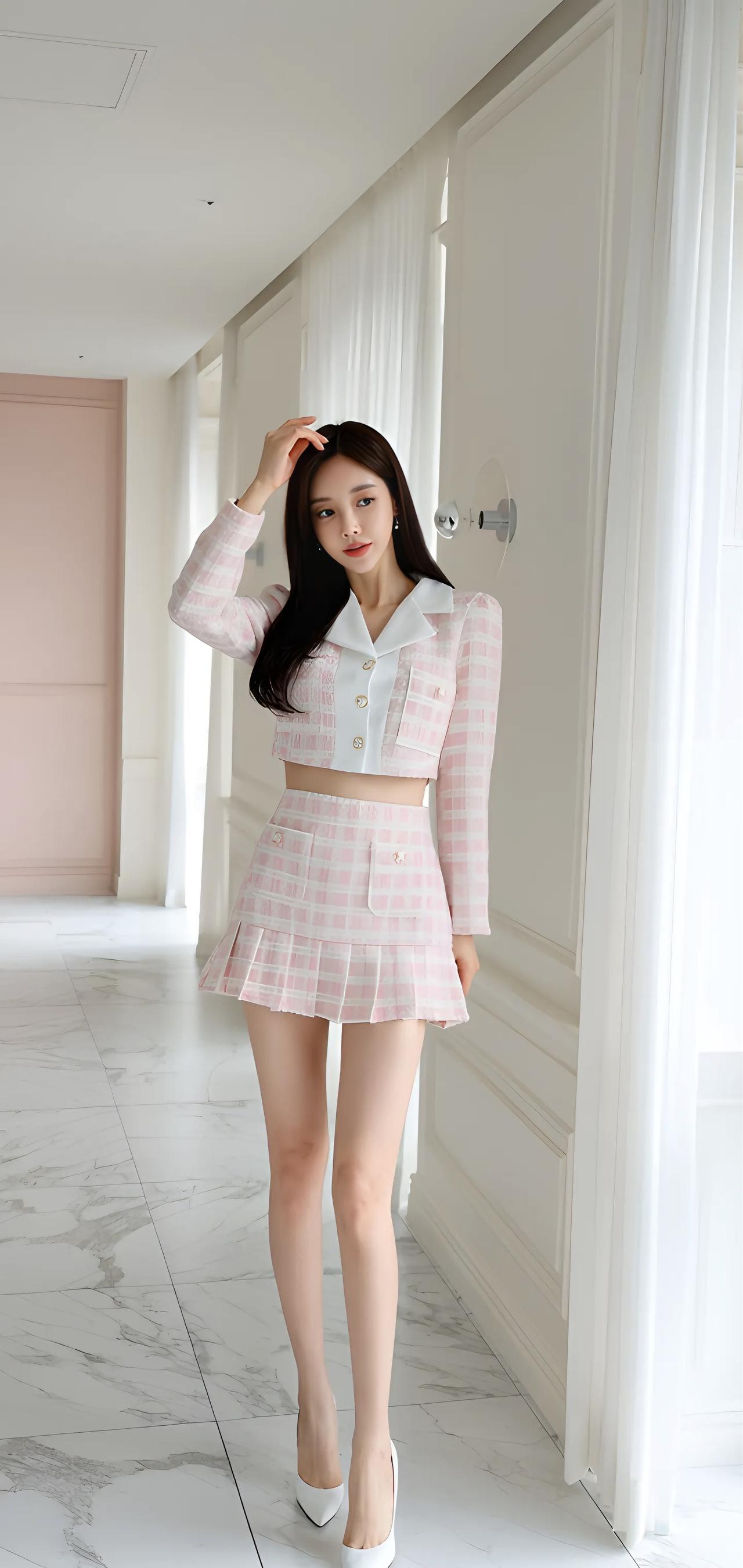 少女心爆棚的粉色格纹套装，甜美可爱，快来get同款吧！💖👗👠