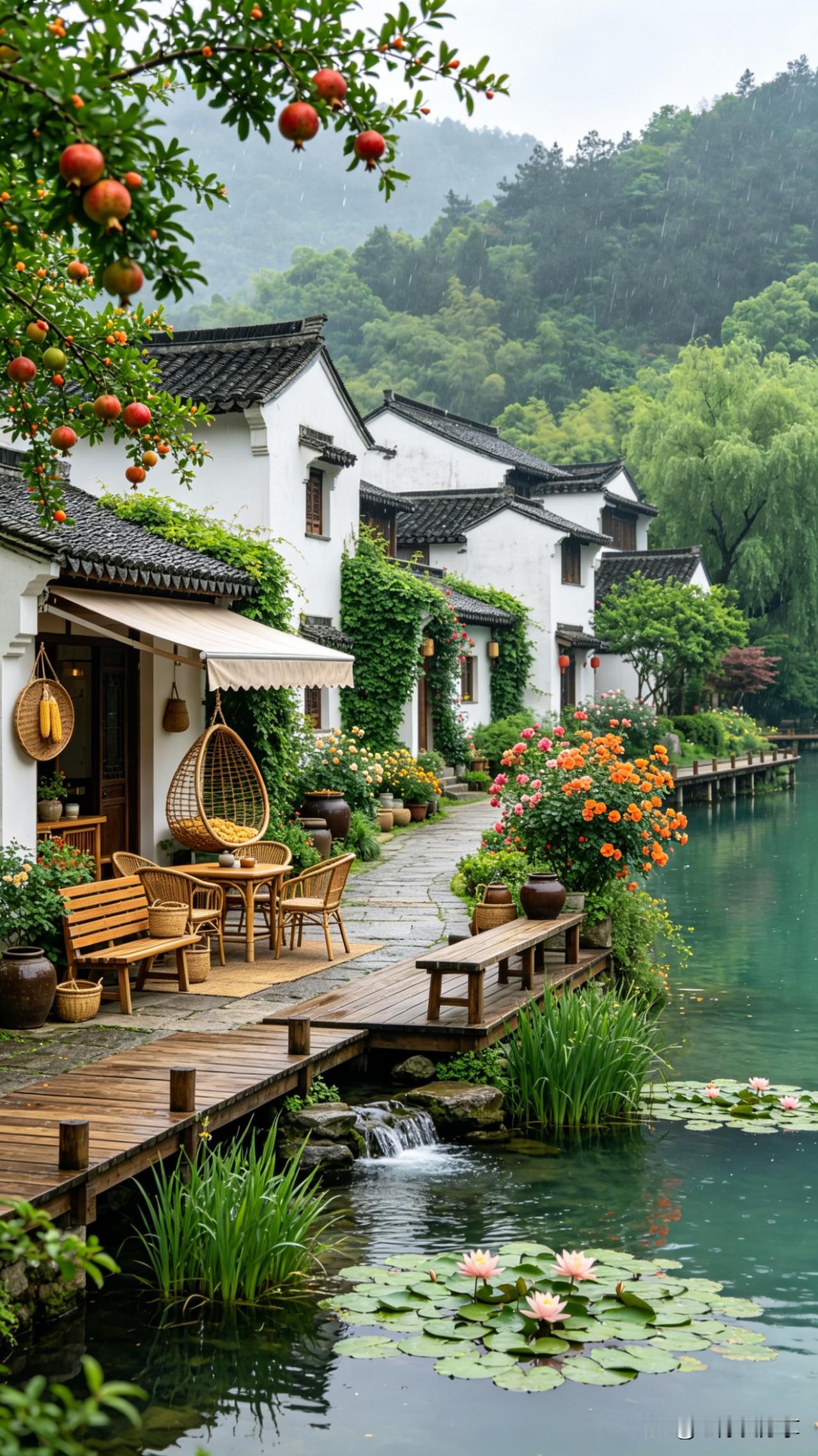 鹧鸪天·江南雨巷白瓦青砖掩绿萝，榴花红透挂枝柯。溪边木栈通幽处，水上莲房映