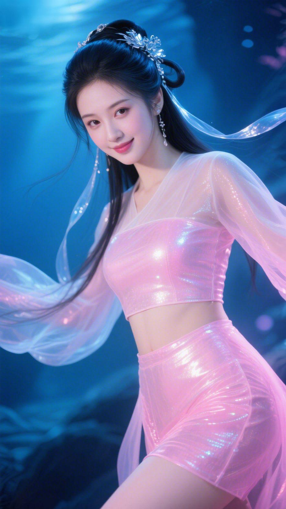 鲛波间的粉袂仙幽蓝水纹漫过衣裾时，她抬眸含笑。薄纱袖摆随暗流漾作烟霭