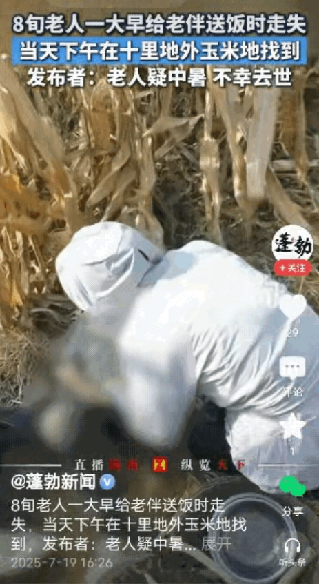 7月18日湖北随州，八旬大爷清晨下地干活，老伴怕他饿，提着饭篮、拄着拐杖，冒着酷