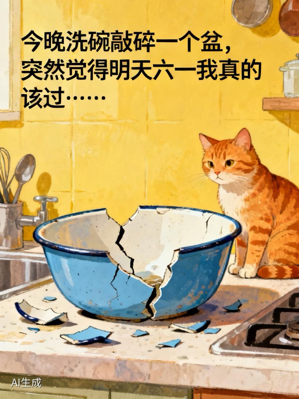 今晚洗碗敲碎一个盆，突然觉得明天六一我真的该过……刚洗碗呢，手一滑，一个盆直