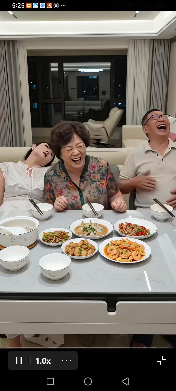 一家三口正在吃饭，女儿问妈妈：“妈，我不想结婚。”妈妈：“不想结就不结。”