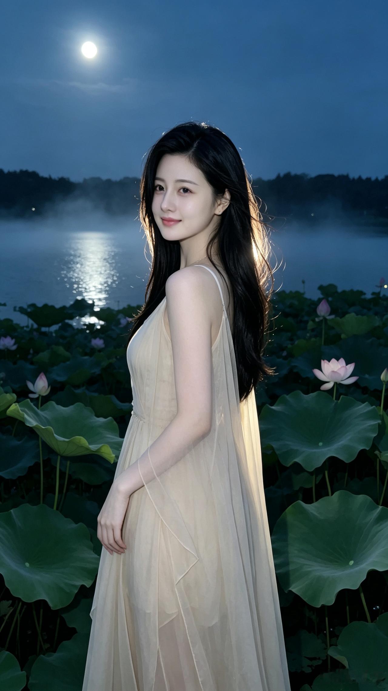 月光下，湖边女子穿白裙，美如画。