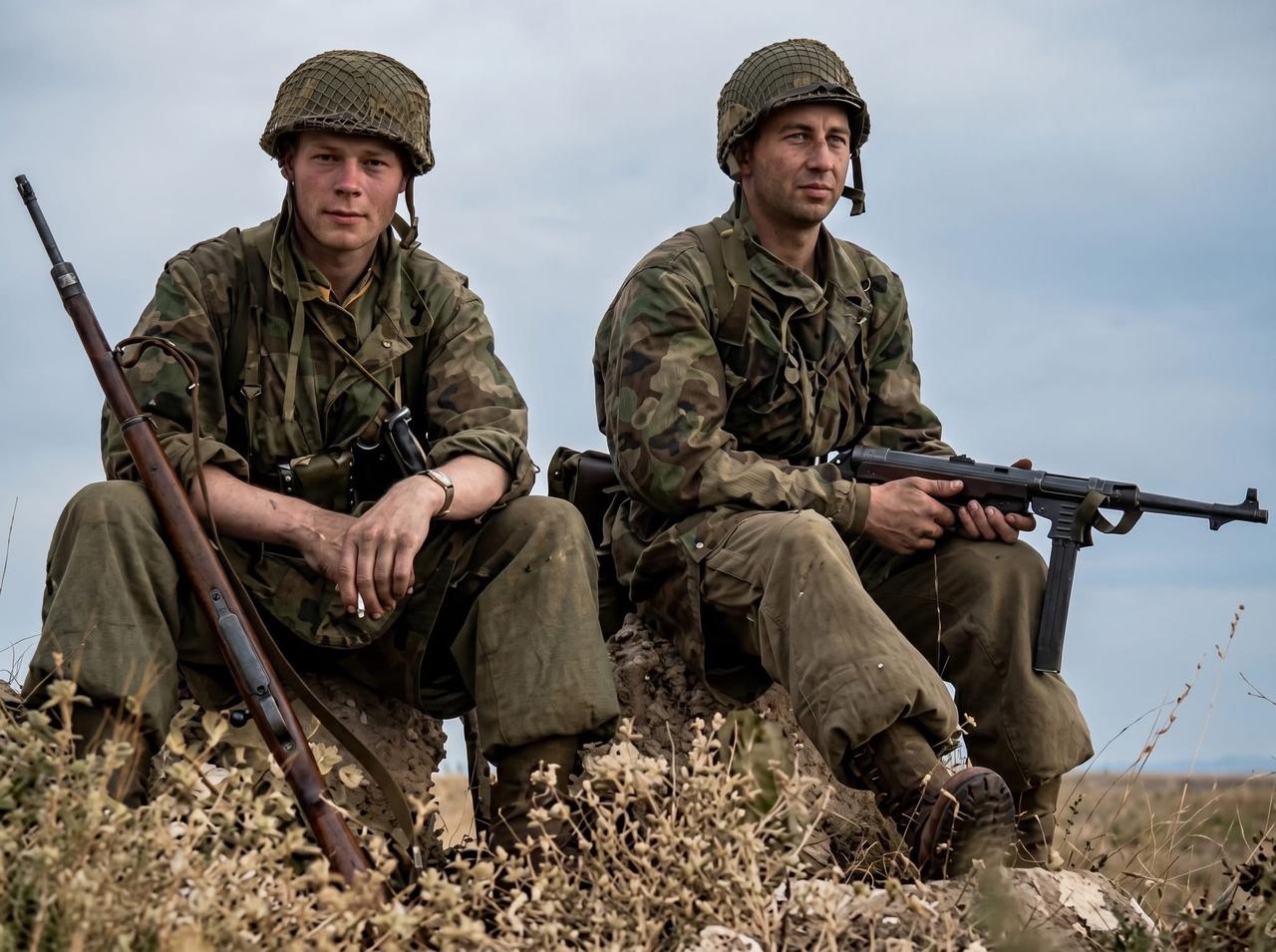 两名二战德军“空中猎兵”，他们手持标准的伞兵武器装备——K98步枪与MP40冲锋