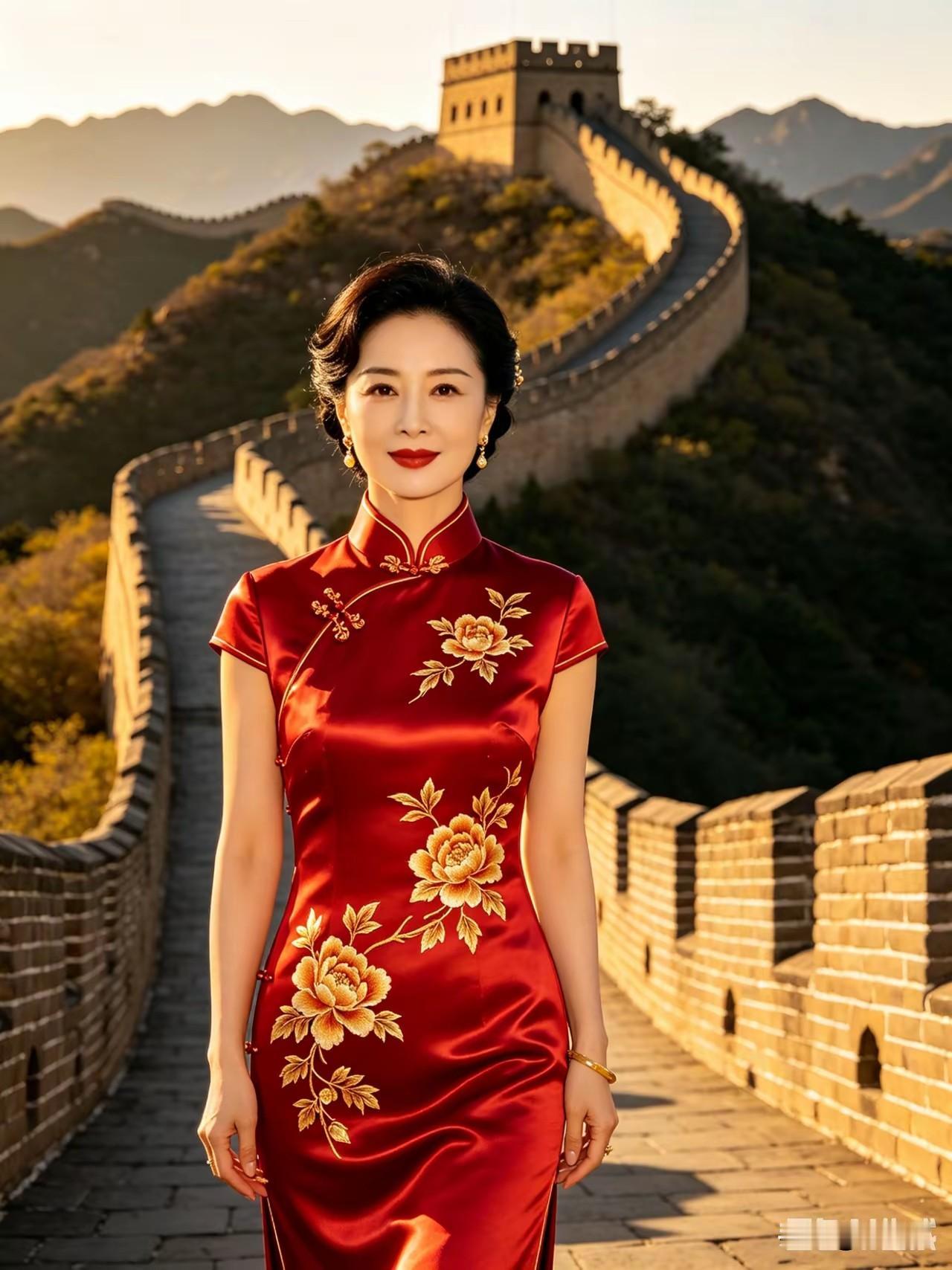 旗袍典雅，背景长城。风光无限，光彩照人。国风古韵，文化传承。历史悠久，推