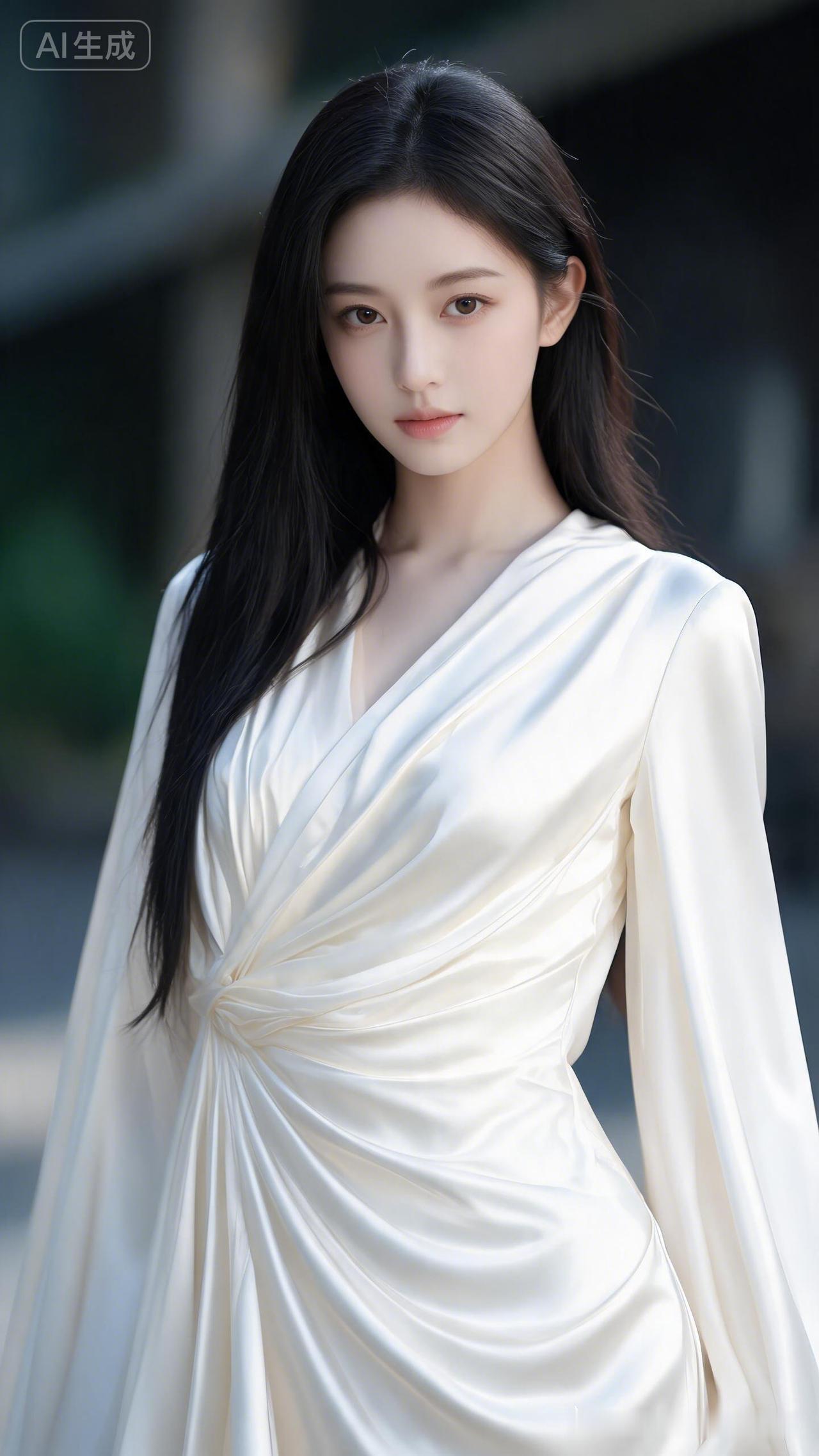 东方女子气质清柔兼具，通透玉肌眸光澄澈，身着珍珠白哑光高定绸缎长裙，利落立体剪裁